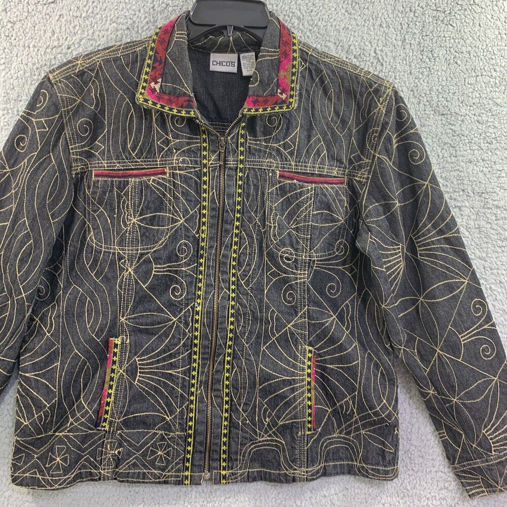 Chicos Denim Jacket Tribal Art Zip Cotton sz 2/ Large 12 Embroidered - Picture 1 of 13
